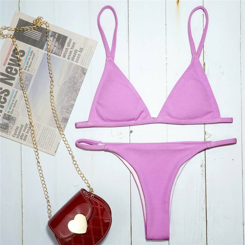 

Rib Triangle Tanga Bikini Swimsuit, Purple