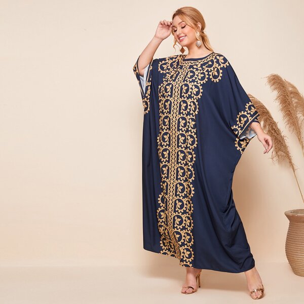

Plus Batwing Sleeve Geo Print Dress, Navy blue