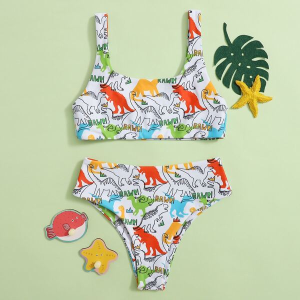 

Girls Cartoon Dinosaur & Letter Graphic Bikini Swimsuit, Multicolor