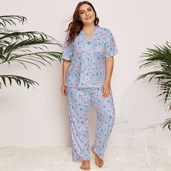 

Plus Dinosaur And Plants Print Pajama Set, Lilac purple