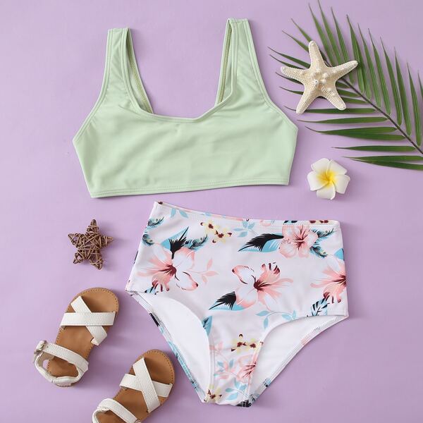 

Girls Floral High Waisted Bikini Swimsuit, Multicolor