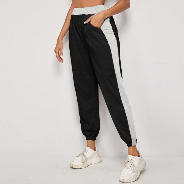 

Contrast Panel Slant Pocket Sports Pants, Black
