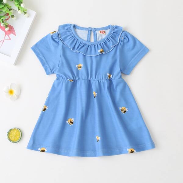 

Baby Girl Bee Print Ruffle Trim Keyhole Back Dress, Blue