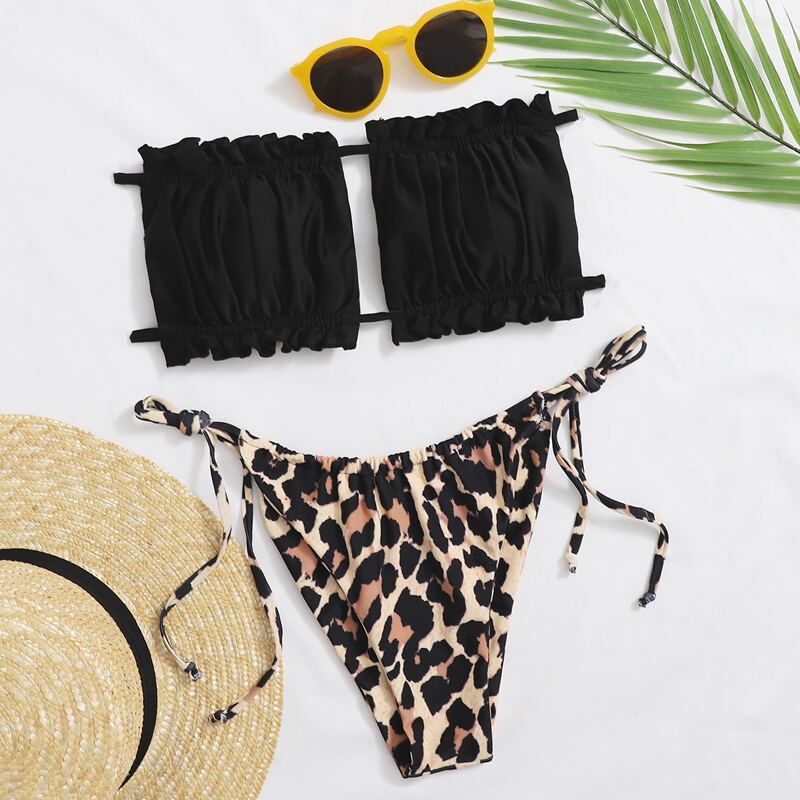 

Leopard Frill Bandeau Tie Side Bikini Swimsuit, Multicolor