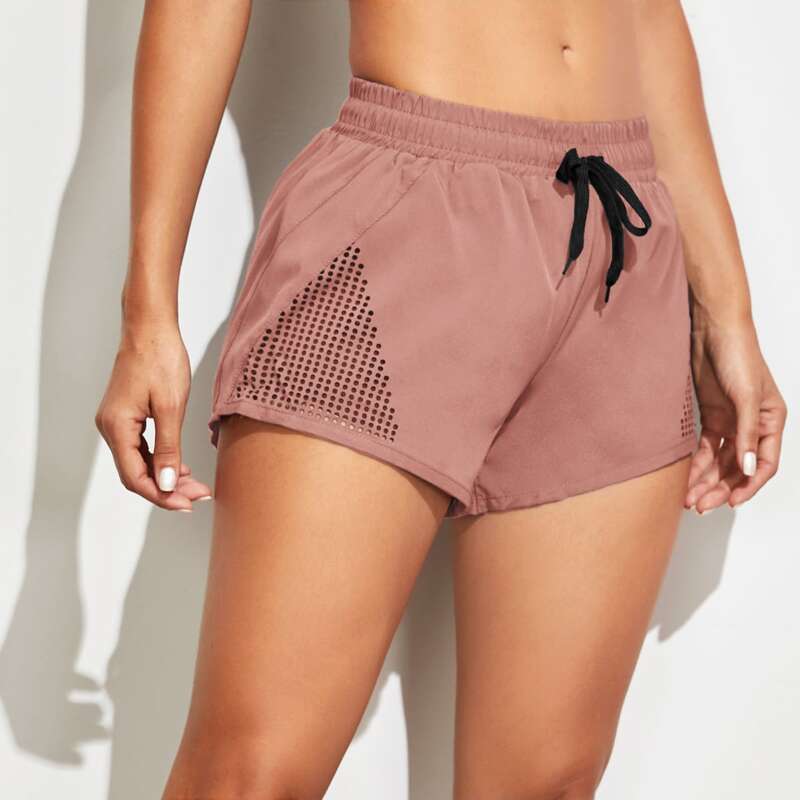 

Hollow Out Drawstring Waist Sports Shorts, Dusty pink