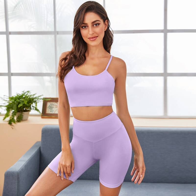 

Crisscross Back Sports Bra & Biker Shorts, Lilac purple