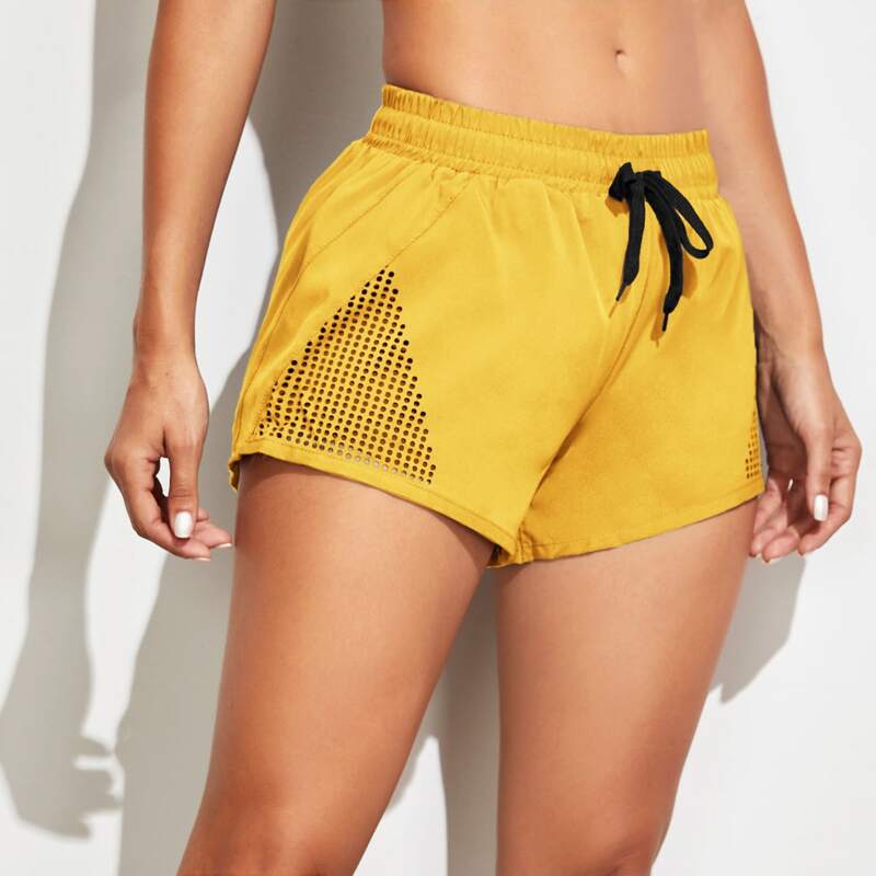 

Laser Cut Drawstring Waist Sports Shorts, Yellow