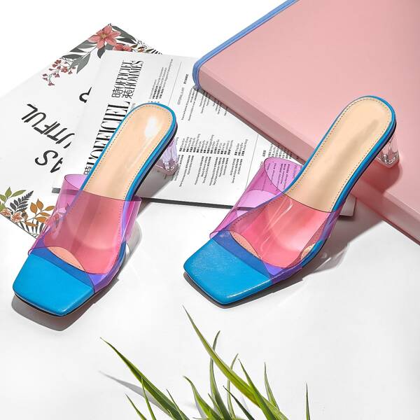 

Clear Chunky Heeled Sandal Mules, Blue