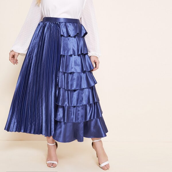 

Plus Layered Ruffle Pleated A-line Skirt, Navy blue