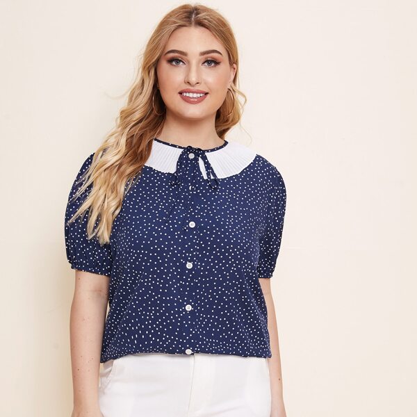 

Plus Polka Dot Contrast Pleated Tie Front Blouse, Navy blue