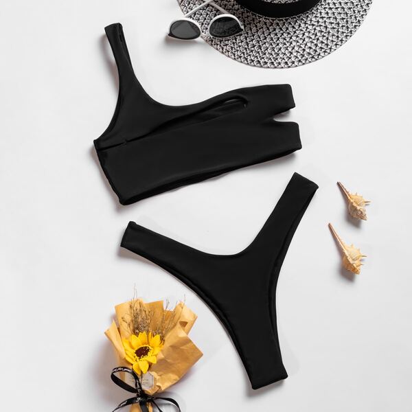 

Cut-out One Shoulder High Cut Bikini Swimsuit, Black
