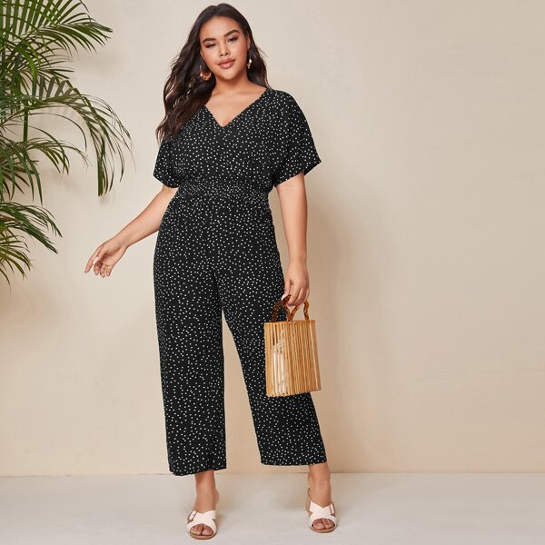 

Plus Polka Dot Shirred Waist Culotte Jumpsuit, Black