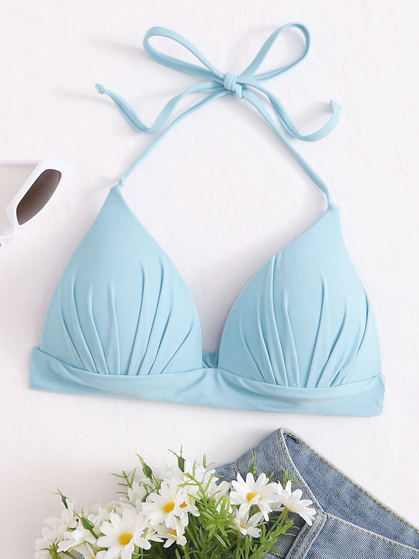 Halter Triangle Bikini Top, For Summer Beach Vacation - Baby Blue - View 1