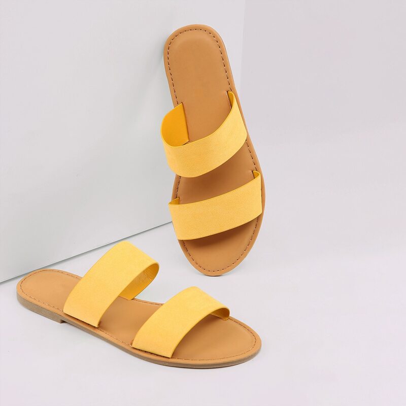 

Twin Band Open Toe Flat Slide Sandals, Yellow
