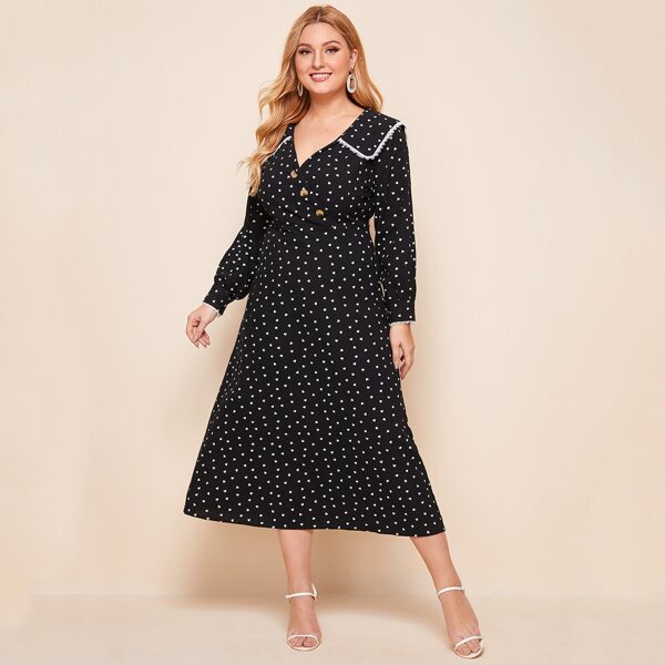

Plus Allover Heart Print Lace Trim Dress, Black