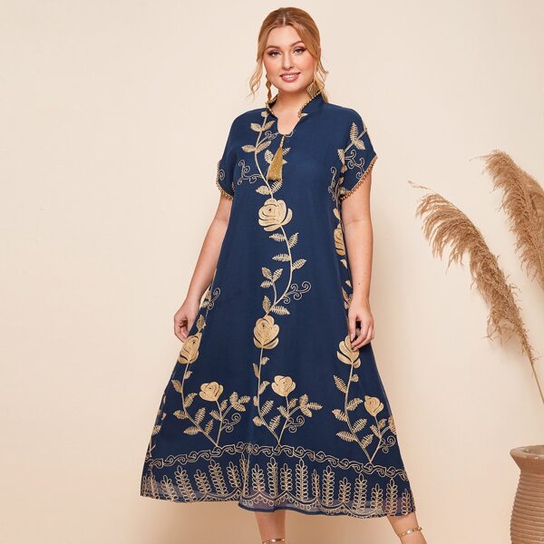 

Plus Floral Embroidery Beaded Trim Dress, Navy blue