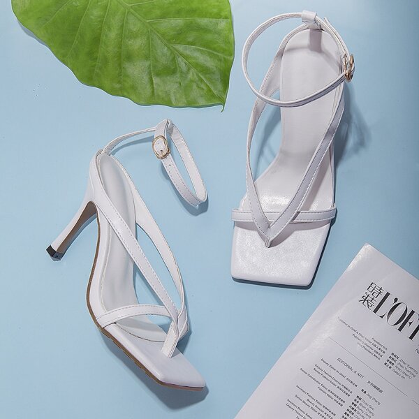 

Toe Post Ankle Strap Stiletto Heeled Sandals, White