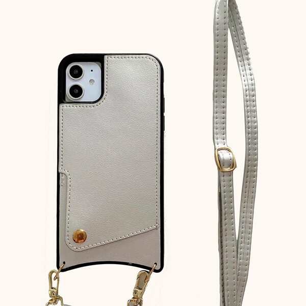 

1pc Solid iPhone Wallet Case With 1pc Lanyard, Silver