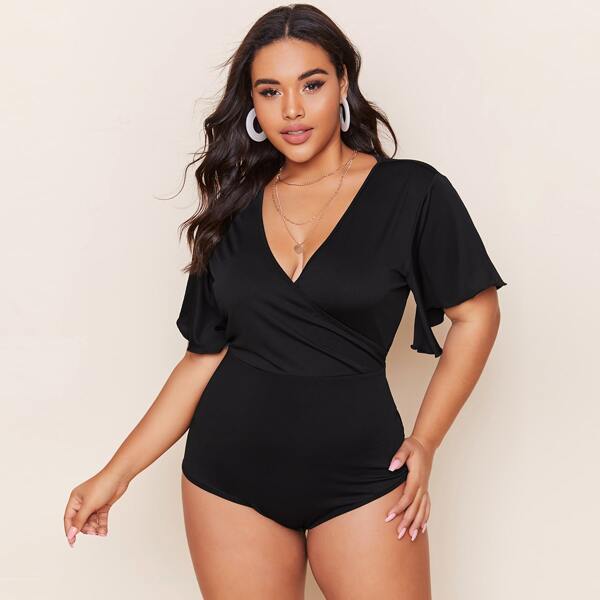 

Plus Surplice Neck Flounce Sleeve Bodysuit, Black