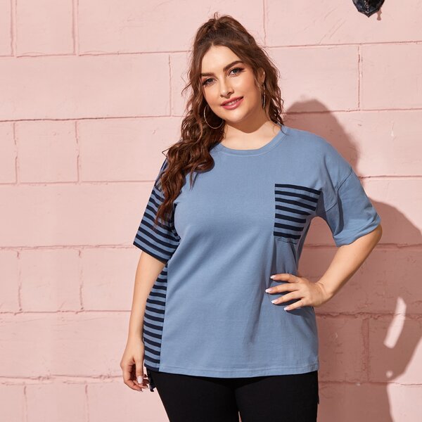 

Plus Striped Pocket Front Tee, Dusty blue