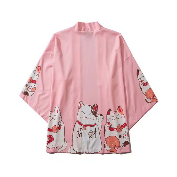 

Men Cartoon Cat Print Kimono, Baby pink