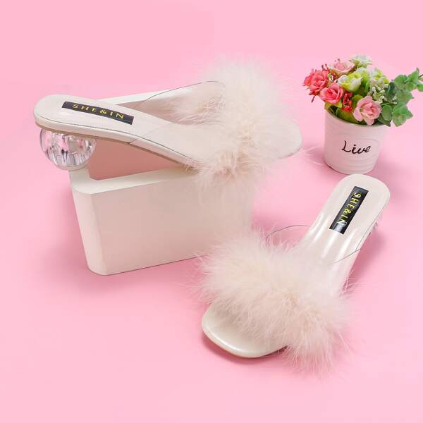 

Faux Fur Decor Clear Heeled Mules, Beige