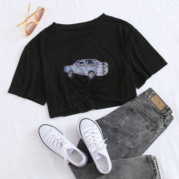 

O-Ring Detail Car Print Tee, Black