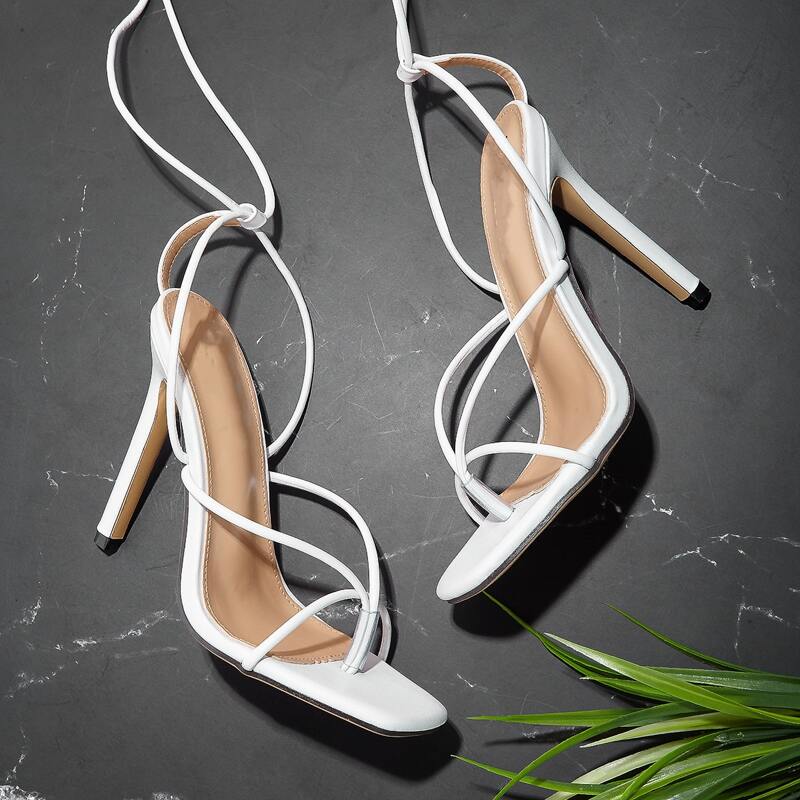 

Toe Post Tie Leg Heeled Sandals, White