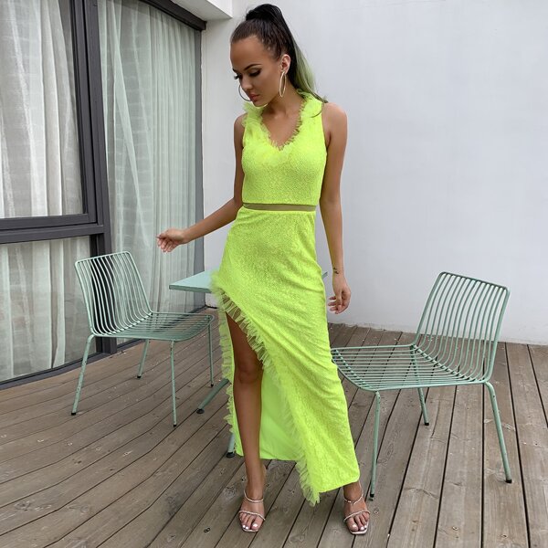 

Neon Lime Mesh Ruffle Trim Split Thigh Lace Dress, Lime green