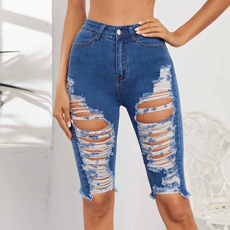 

Raw Hem Ripped Denim Shorts, Medium wash
