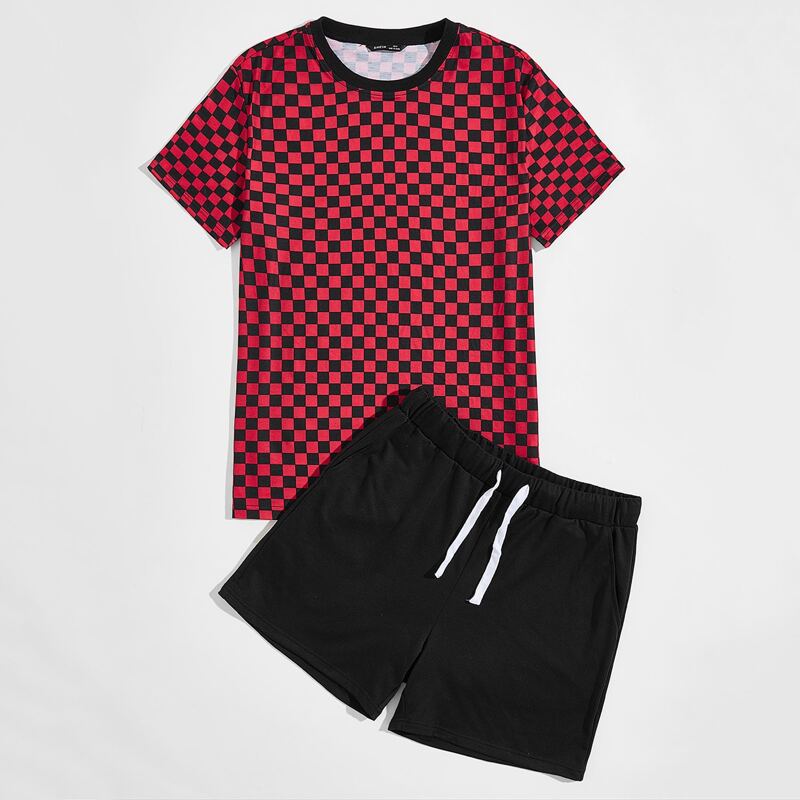 

Guys Contrast Neck Checker Top & Track Shorts Set, Multicolor