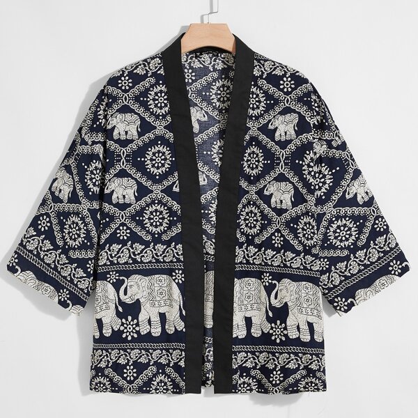 

Men Drop Shoulder Contrast Edge Open Front Tribal Print Shirt, Multicolor