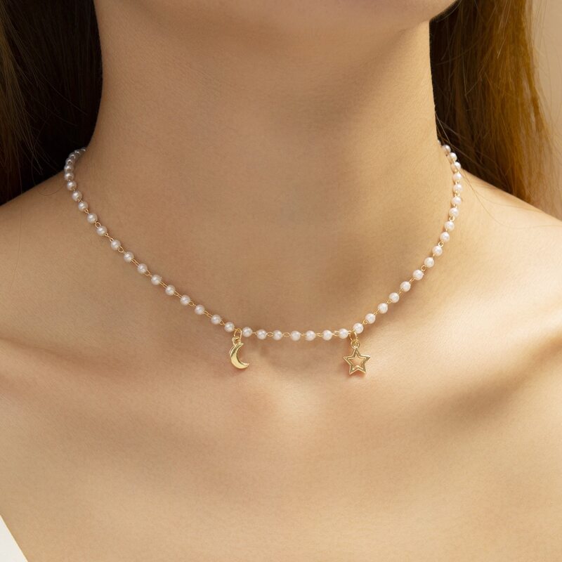 

Faux Pearl Star Moon Charm Necklace, White