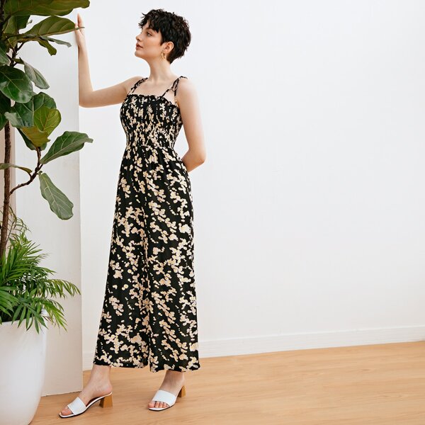 

Knot Shoulder Shirred Bodice Ditsy Floral Palazzo Jumpsuit, Black