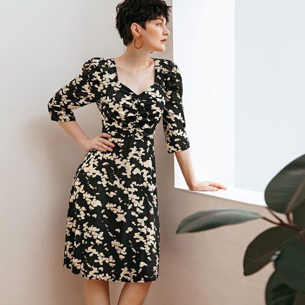 

Cutout Tie Back Ruched Detail Ditsy Floral Dress, Black