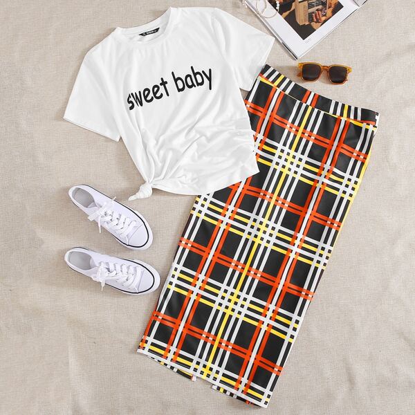 

Letter Graphic Top & Split Back Plaid Skirt Set, Multicolor
