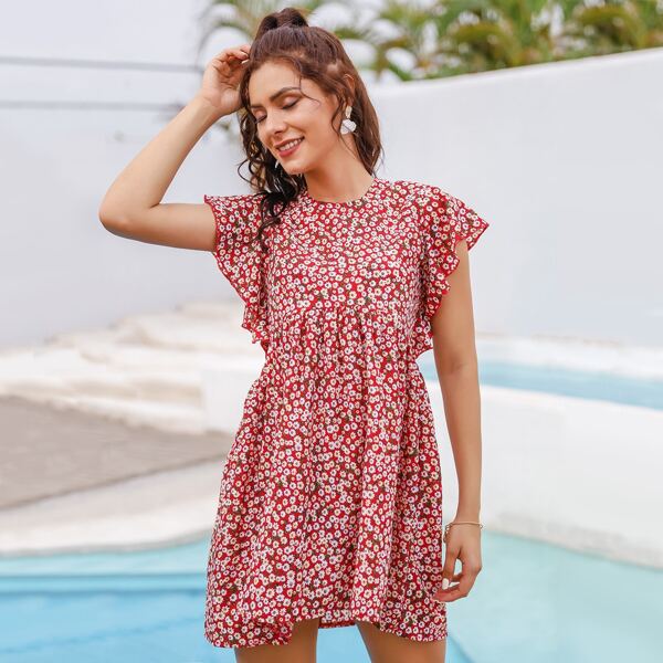 

Ditsy Floral Ruffle Trim Smock Dress, Red and white