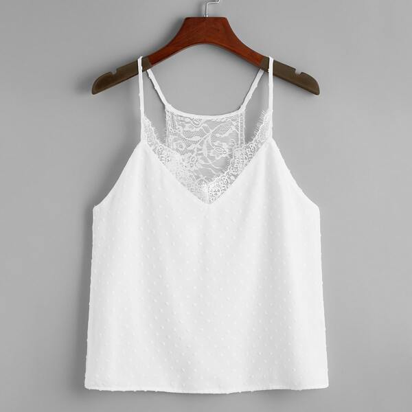 

Lace Detail Swiss Dot Cami Top, White