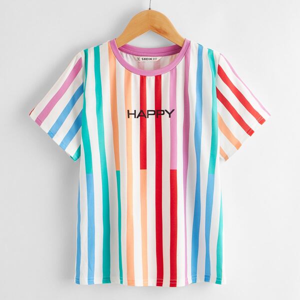 

Boys Letter Graphic Colorful Striped Tee, Multicolor