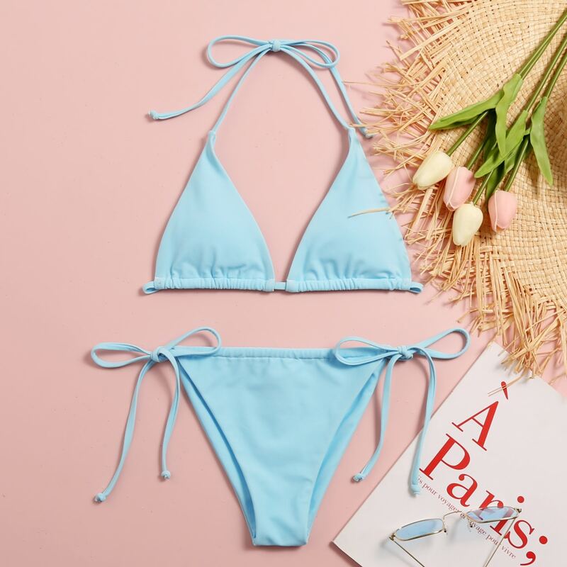 

Triangle Halter Tie Side Bikini Swimsuit, Pastel baby blue