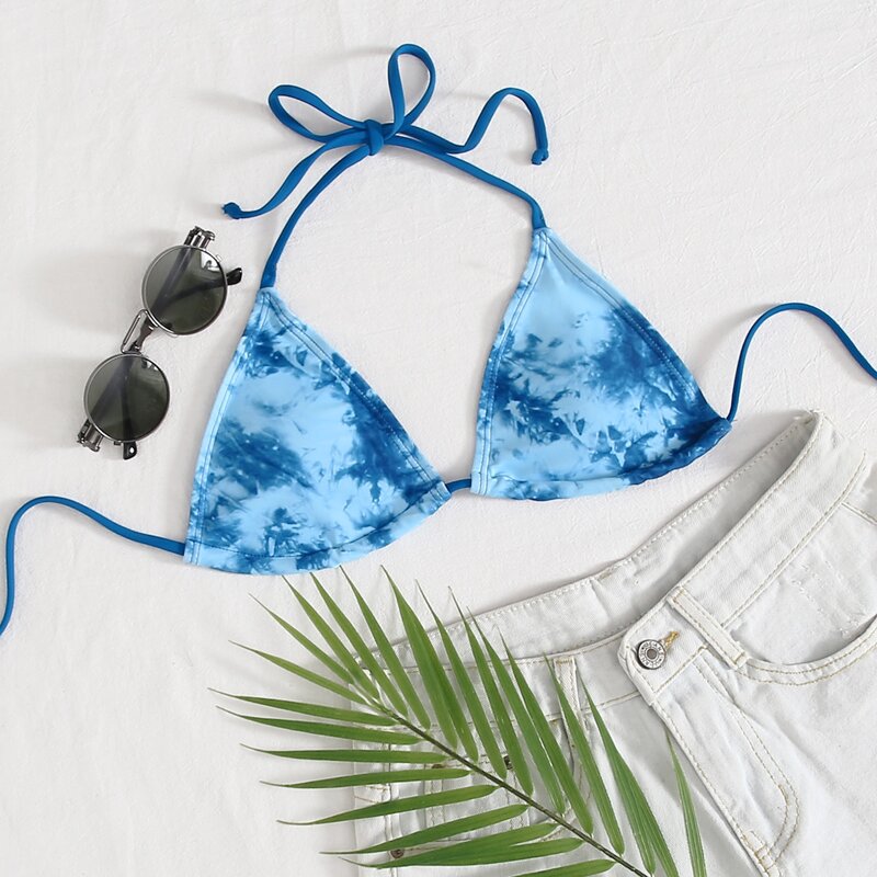 

Tie Dye Halter Triangle Bikini Top, Blue