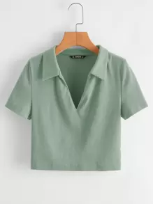 Muchica Collared V-neck Rib-knit Tee - Mint Green - View 1