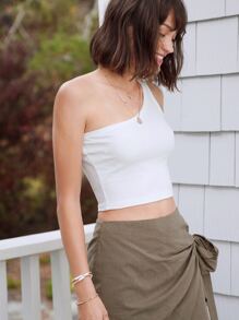 SHEIN Privé One Shoulder Rib-knit Crop Top - White - View 3
