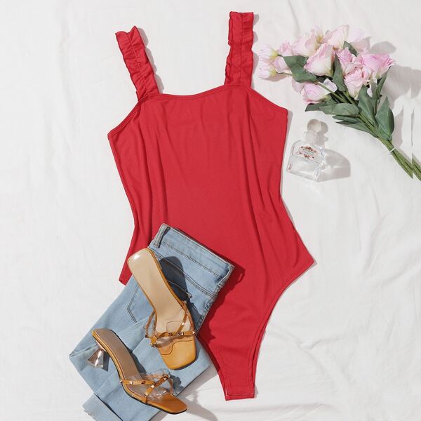 

Plus Ruffle Strap Rib-knit Cami Bodysuit, Red