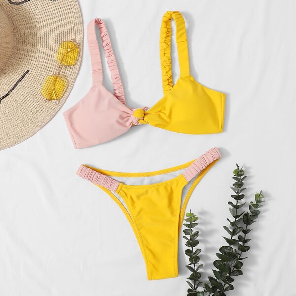

Two Tone Knot Front Bikini Swimsuit, Multicolor