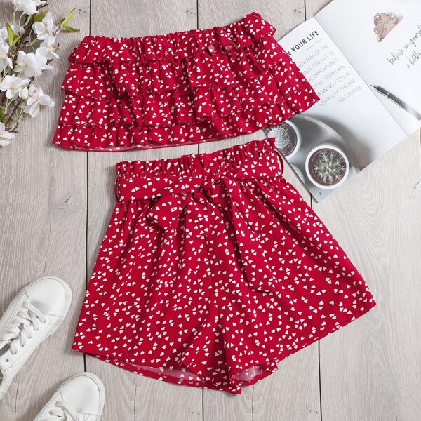 

Confetti Heart Print Layered Bandeau Top & Belted Shorts, Red