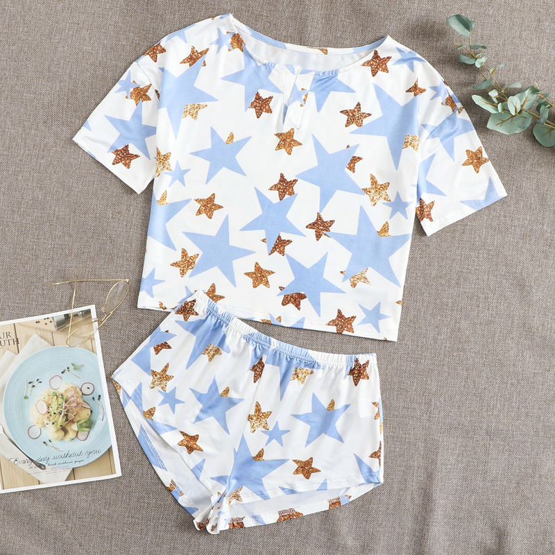 

Star Print Notched Neck PJ Set, Multicolor