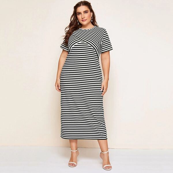 

Plus Striped Print Rib-Knit Tee Dress, Black and white