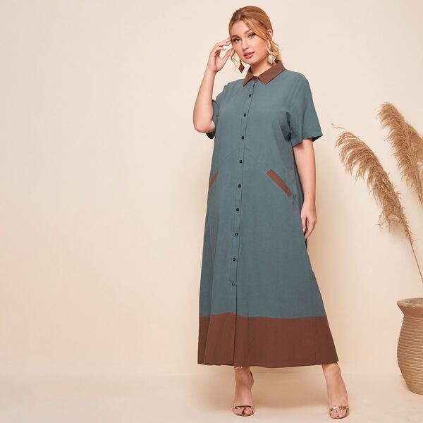 

Plus Two Tone Button Up Shirt Dress, Dusty blue