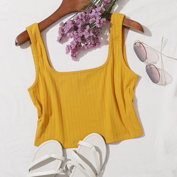

Solid Rib-knit Crop Tank Top, Mustard yellow